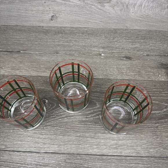 Georges Briard Rocks Glass Double Old Fashioned Red Green Gold Plaid 12oz~4 Pc - Picture 4 of 10